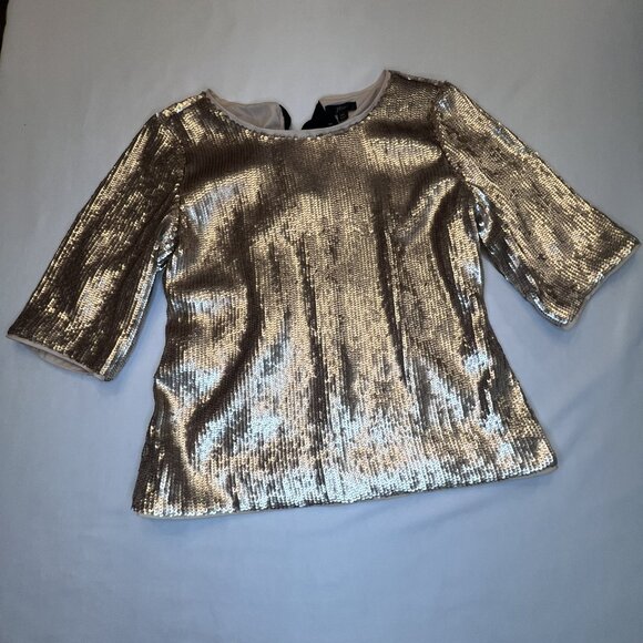 J.Crew Women's Sequin Top Size 14 Gold Open Back Bow Detail 3/4 Sleeve Party - Picture 2 of 6